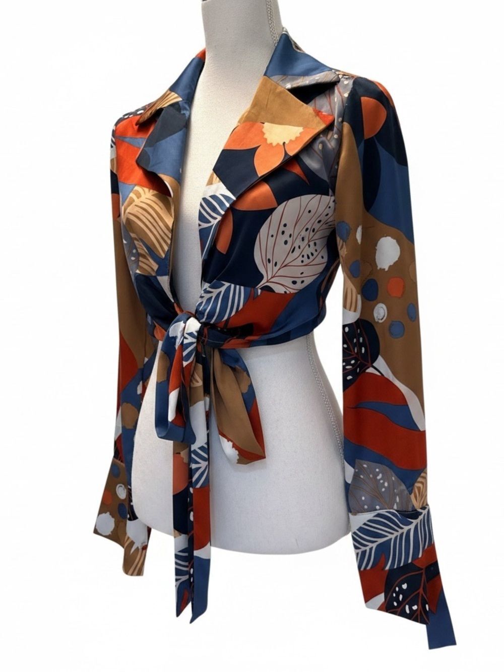 En Saison Abstract Floral Satin Tie Front Crop Top Blouse Blue Orange XS NWOT